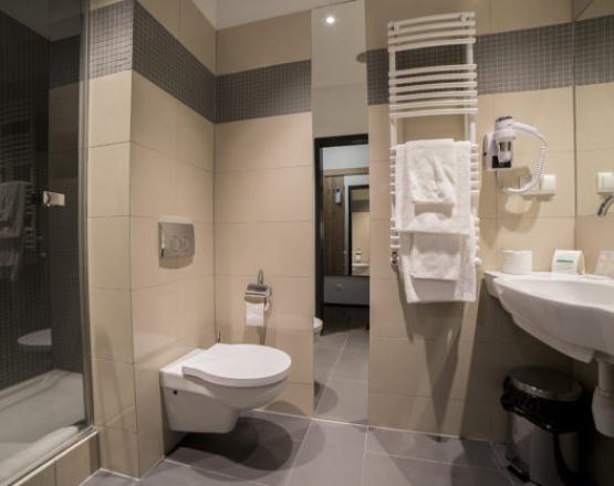 Nowoczesna łazienka z umywalką, sedesem, prysznicem i wiszącymi ręcznikami.